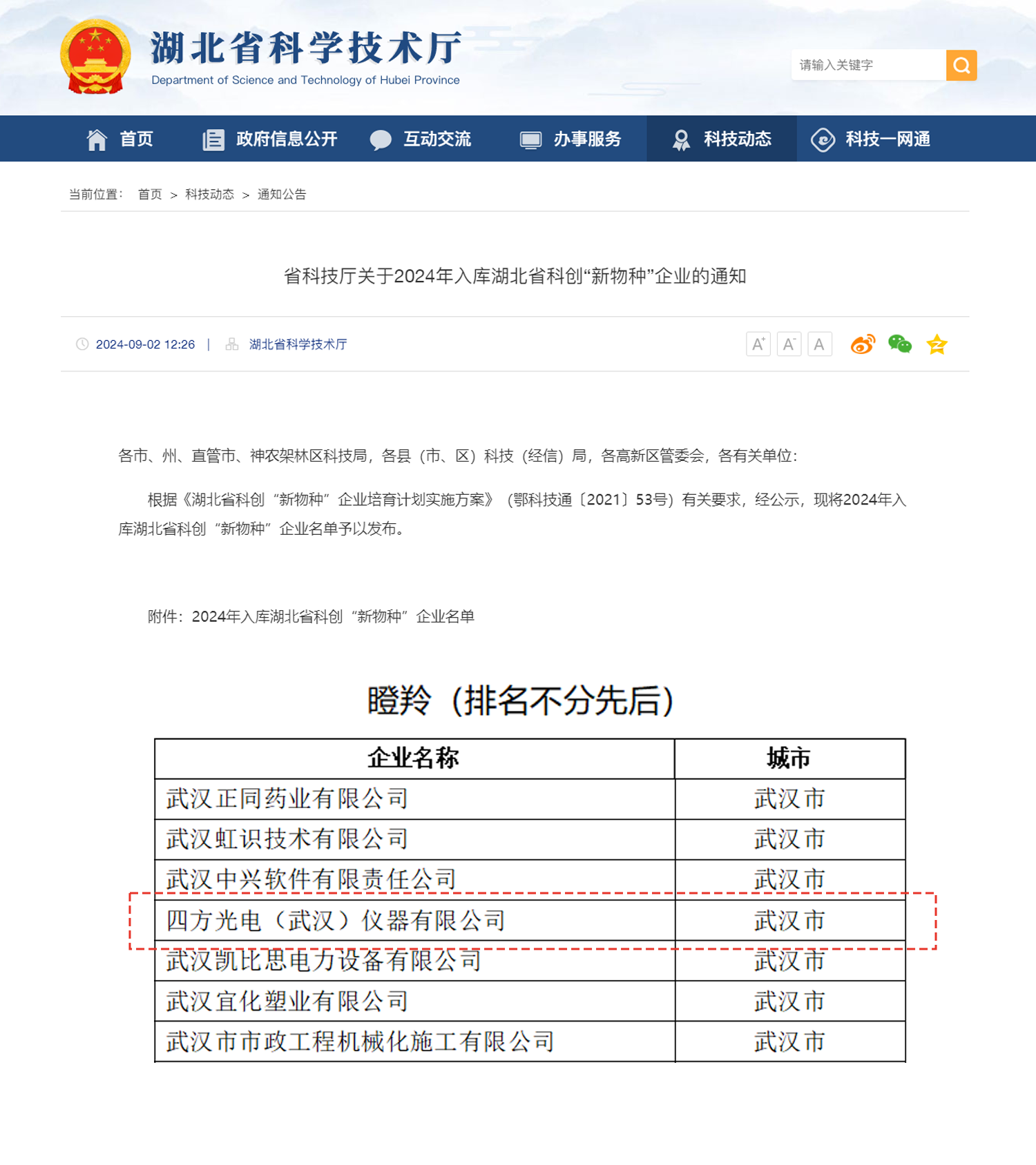 四方仪器入选2024年湖北省科创新物种“瞪羚